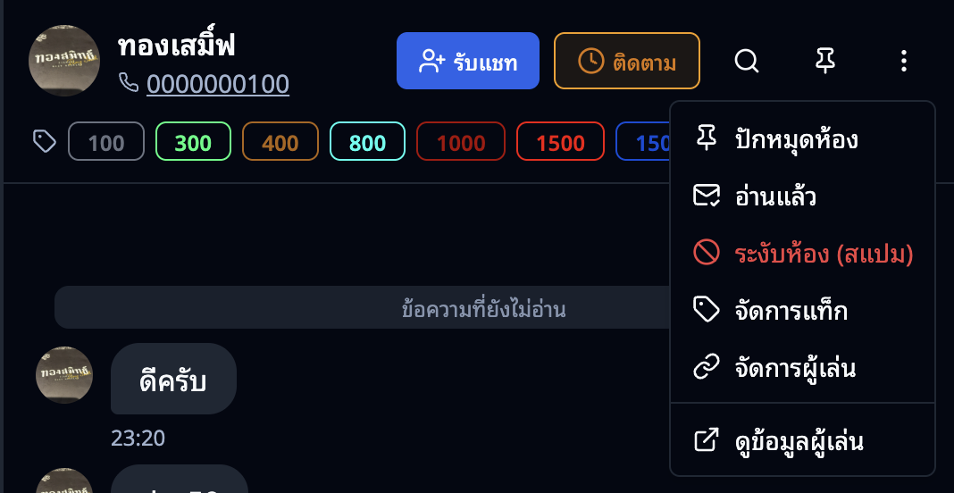 เมนูเพิ่มเติมของห้องแชท — ปักหมุด อ่านแล้ว ระงับห้อง จัดการแท็ก จัดการผู้เล่น ดูข้อมูล