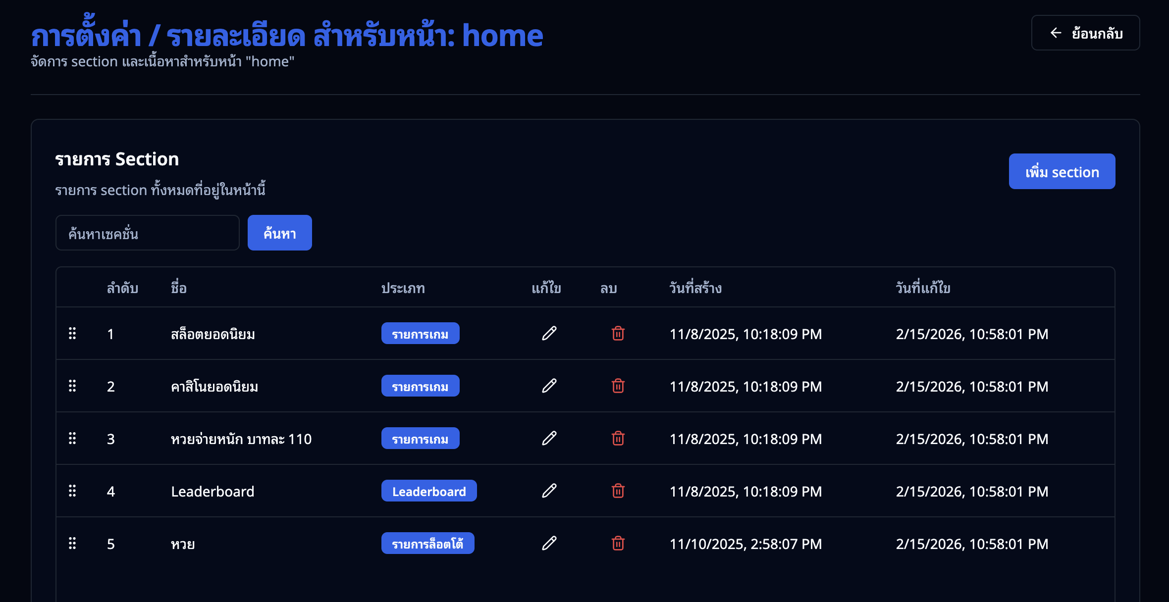 หน้ารายละเอียดหน้าเว็บ แสดงรายการ Section